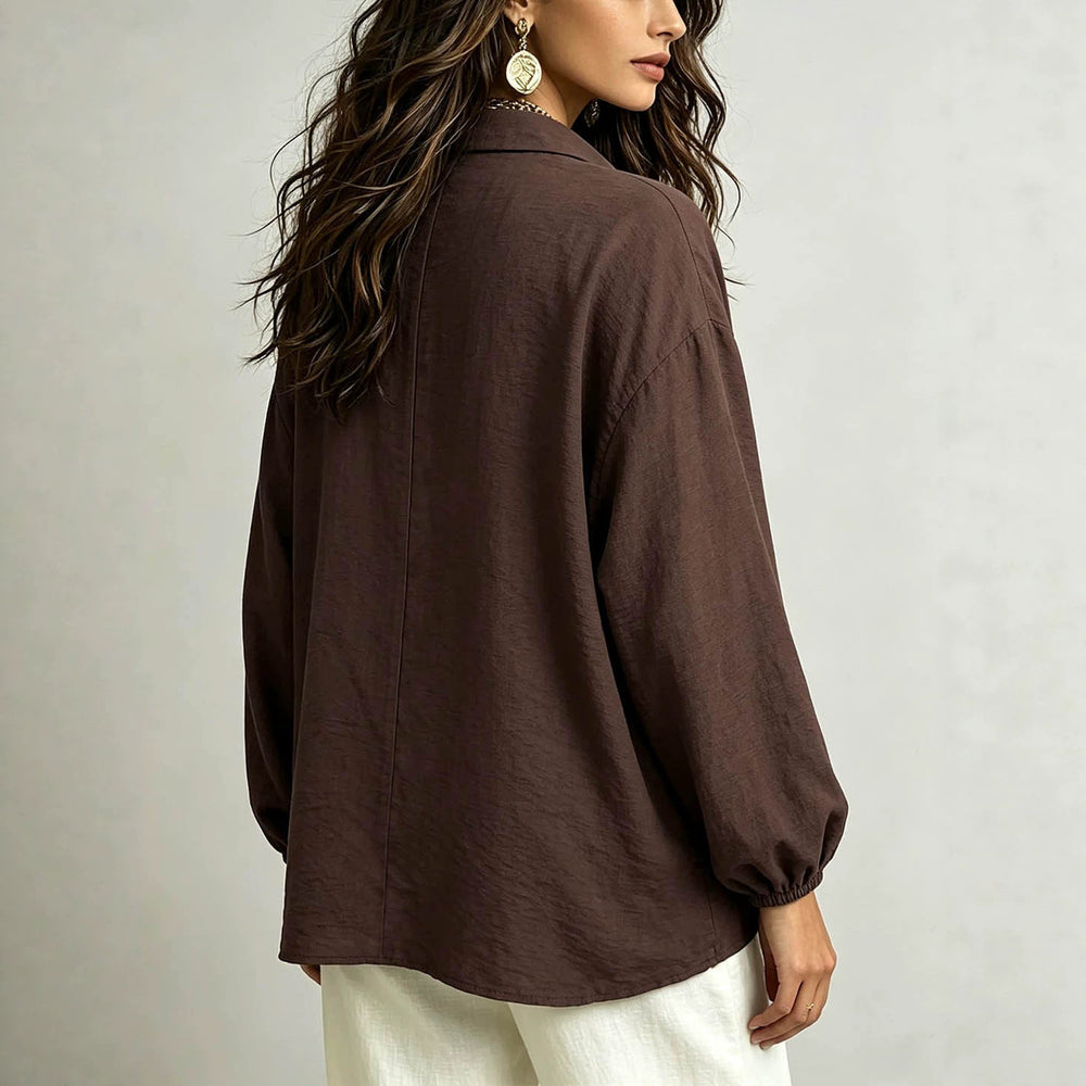 Casual patchwork plus size shirt - collared, color block placket, loose fit, slimming long sleeve women's top