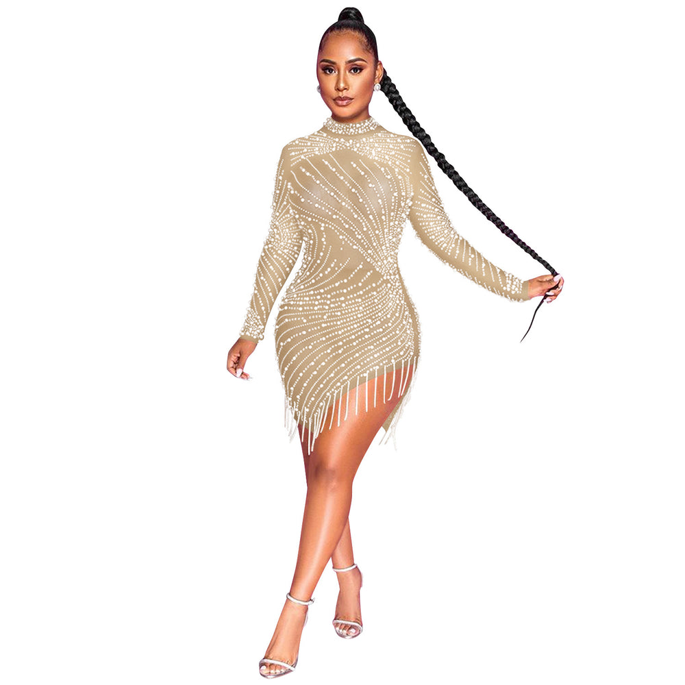 X5216 cross-border new arrival: european & american sexy nightclub mesh see-through rhinestone beaded tassel round neck long sleeve dress