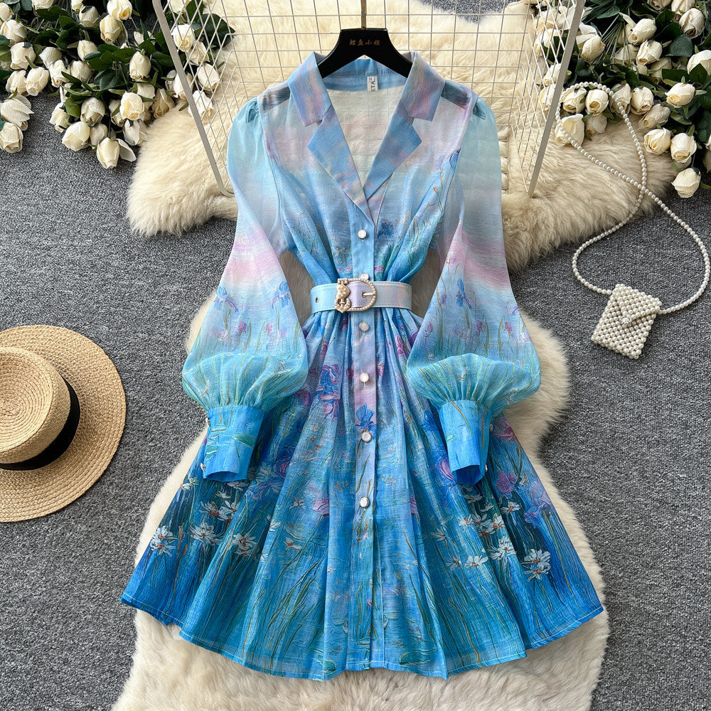 French romantic gradient print dress - women's summer long sleeve single-breasted cinched waist tie elegant maxi dress