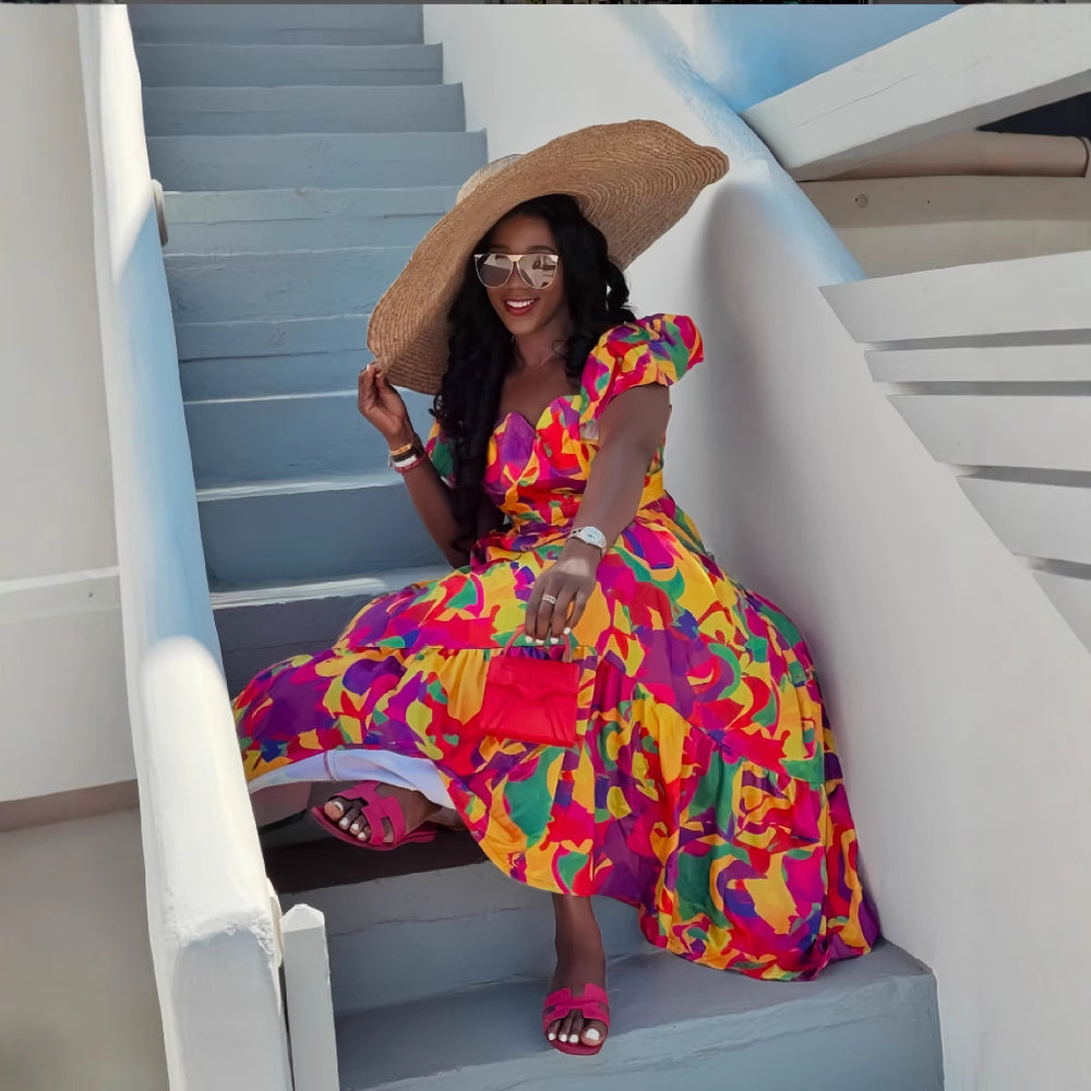 European and american cross-border women's fashion:  early spring puffy short-sleeve color block print, cinched waist, pleated, long, flared maxi dress