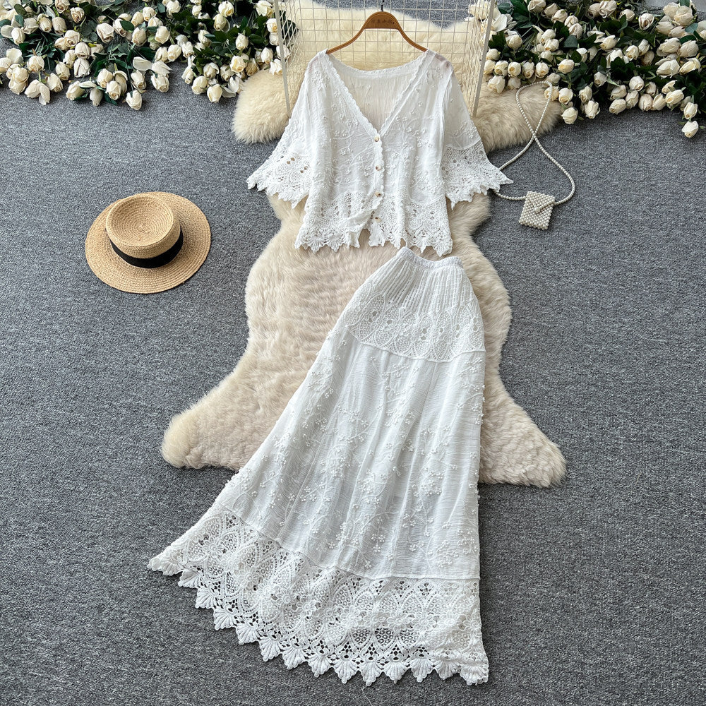 French riviera v-neck lace top & high-waisted midi skirt set - effortless summer chic