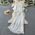 French riviera v-neck lace top & high-waisted midi skirt set - effortless summer chic