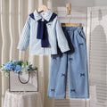 new autumn cross-border girls' collared shirt with color block shawl + embroidered bow denim jeans three-piece set