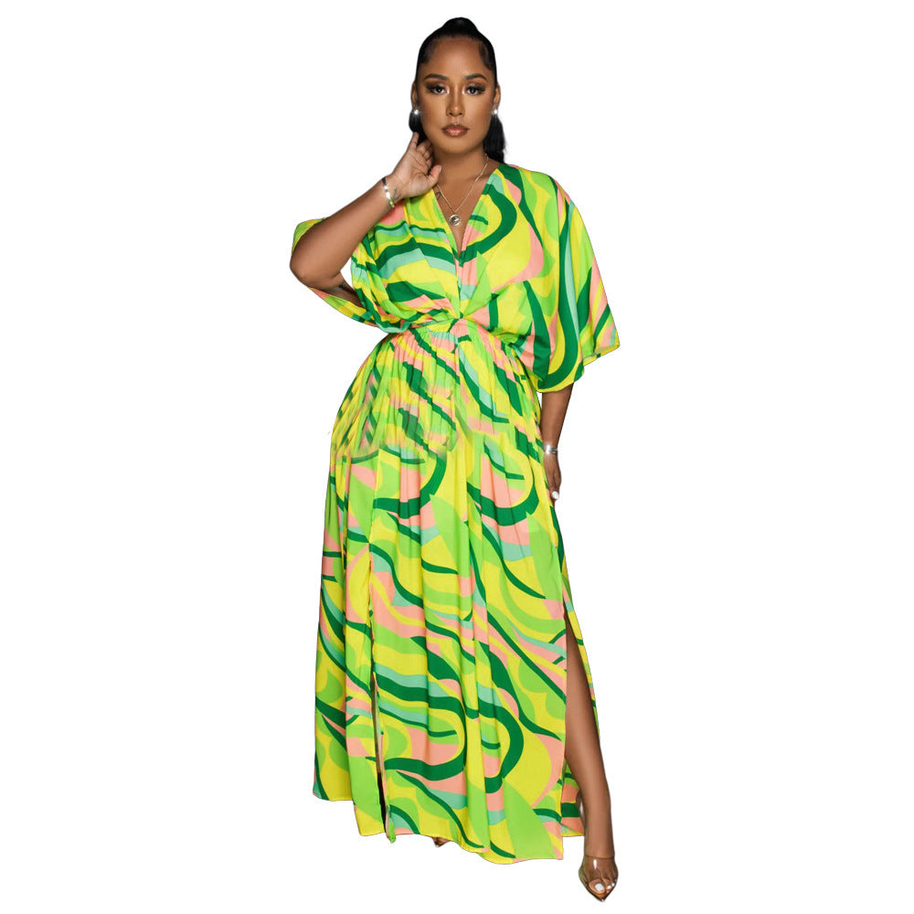cross-border fashion  waist-printed loosecasual new bat mid-sleeve women's dress