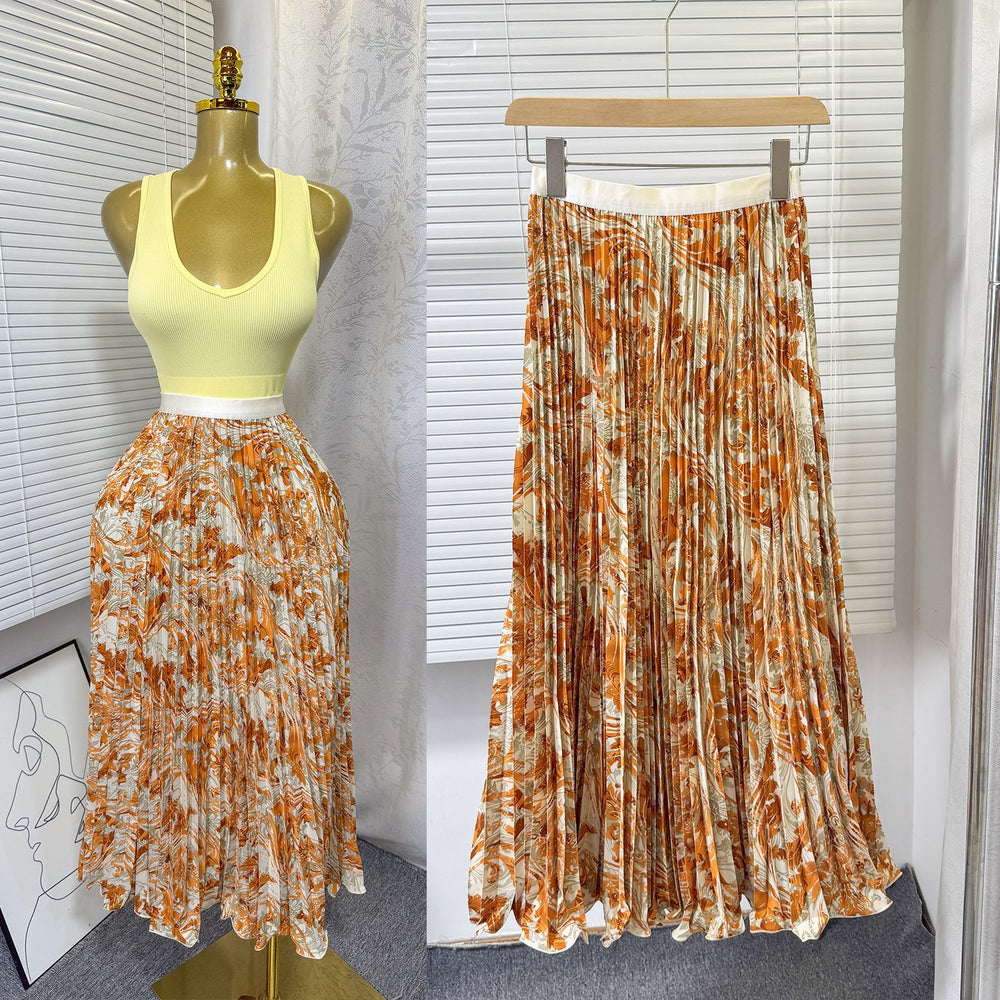 export  spring/summer new arrival: printed pleated a-line midi skirt with elastic waist and full sweep