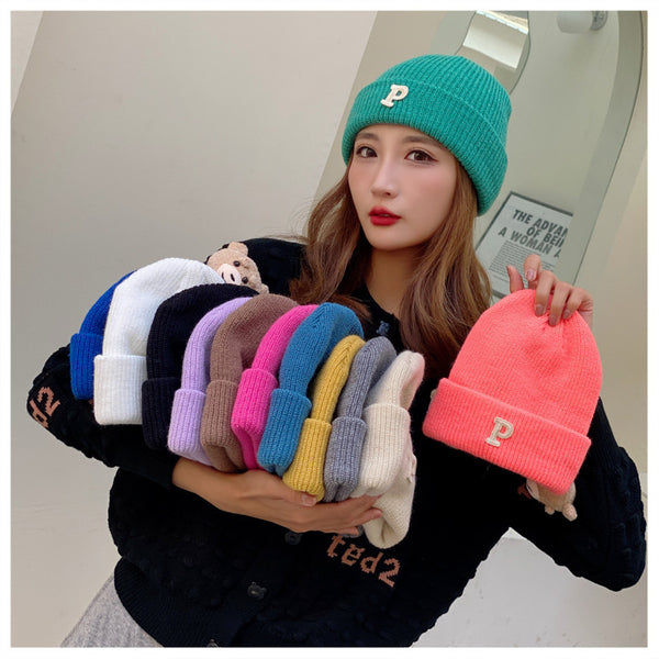 Winter knitted hat women's thermal pullover hat P word ins wind bag head tide Internet celebrity face small Korean version wool hat men