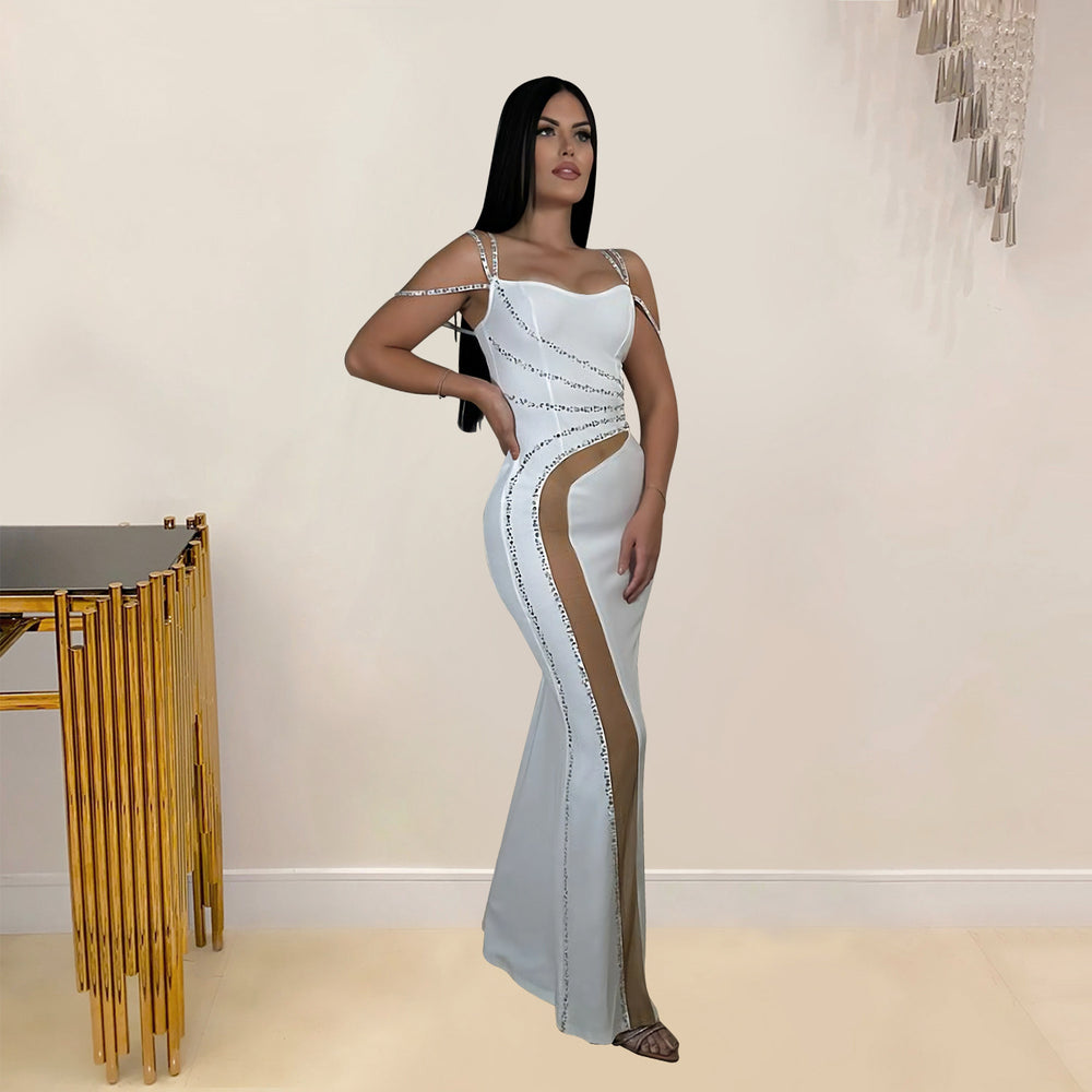 C7027 cross-border   independent station fashion women's hot diamond solid color mesh dress new