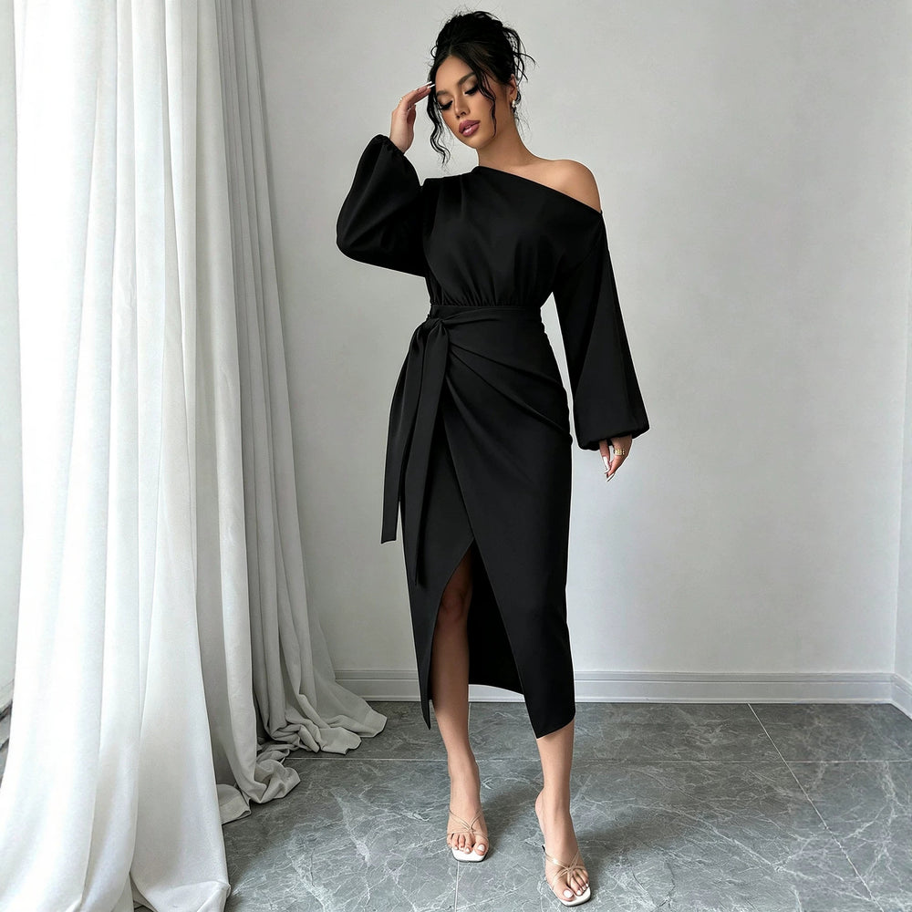 Fashionnew arrival oblique collar off-shoulder long sleevesdress waist pleated asymmetrical slit mid-length skirt elegant evening dress