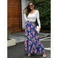 Fashion cross-border retro large flower digital printed high waist skirt pleated ruffles patchwork large swing skirt