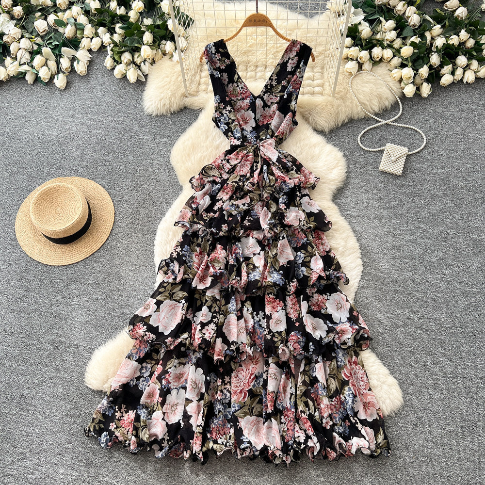 French floral sweet princess style dress - women's summer v-neck sleeveless high-waisted a-line maxi dress - commute chic