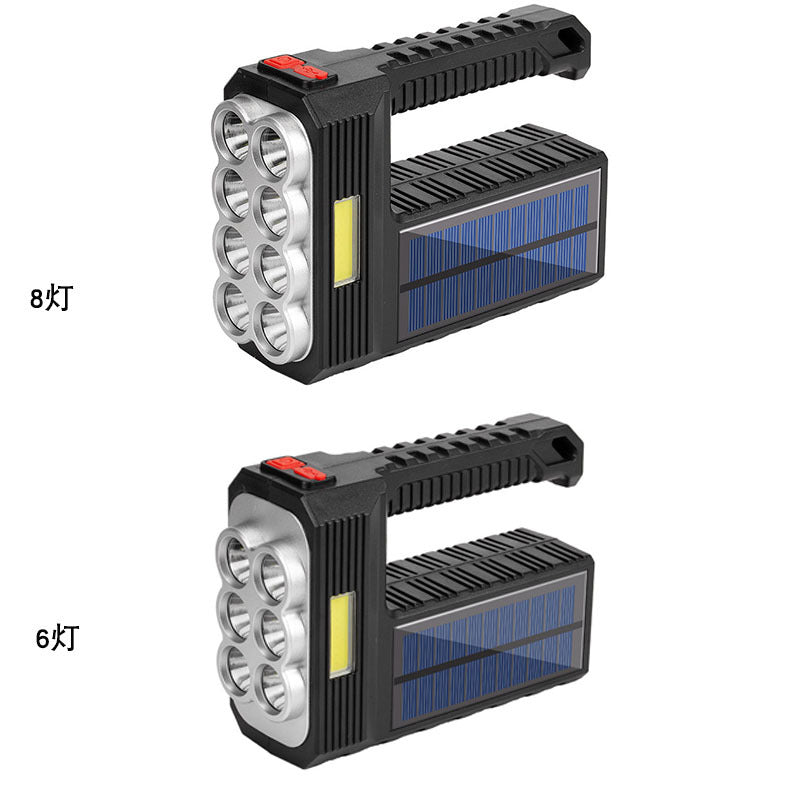 Cross-border new 8-lamp portable searchlight USB charging outdoor with side light solar charging LED flashlight