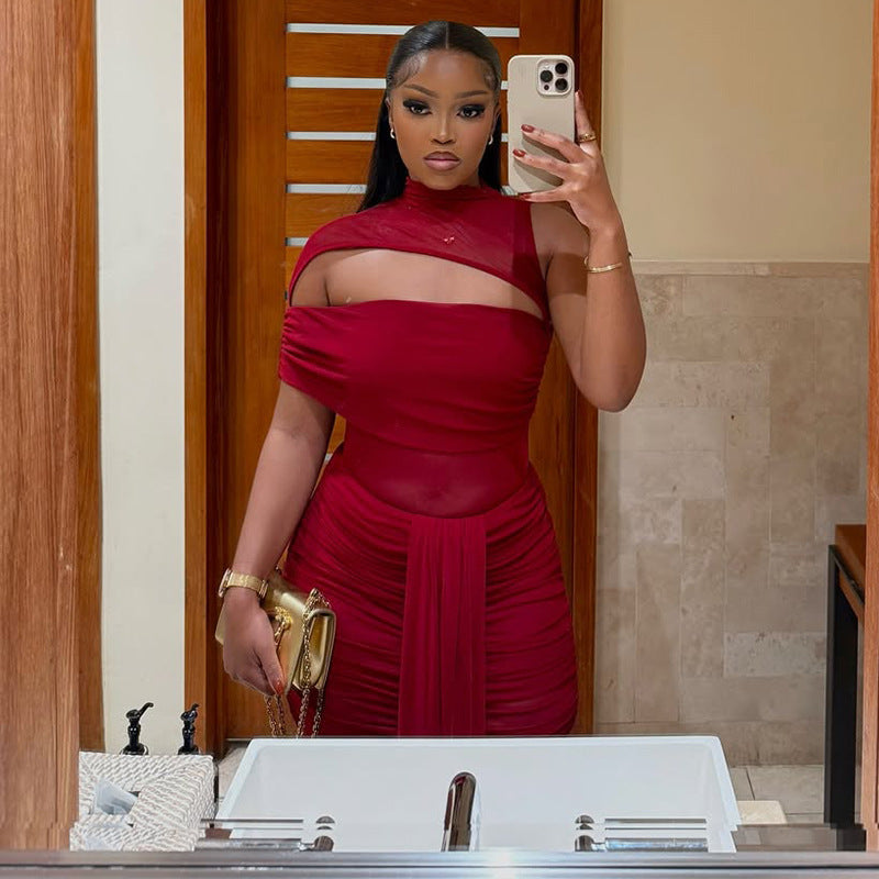 European and american style export design solid color women's elastic asymmetrical trendy bodycon dress with tie-up round neck and cutout long dress