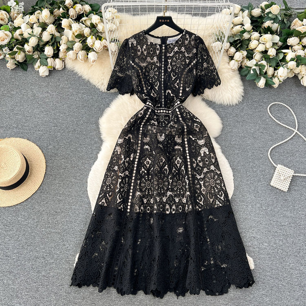 Niche styleretroclassy round neck lotus leaf sleeve lacedress female summernew arrivalslimming lookeleganceelegance long skirt