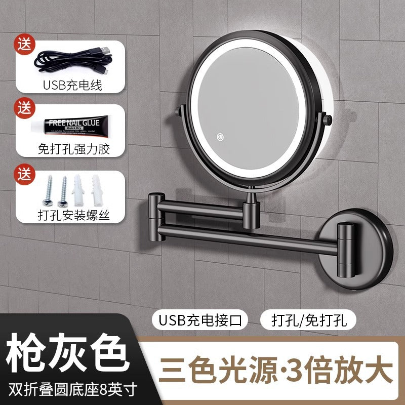 Perforated magnifying glass bathroom with light makeup mirror high definition led free foldable dressing mirror wall hanging telescopic bathroom