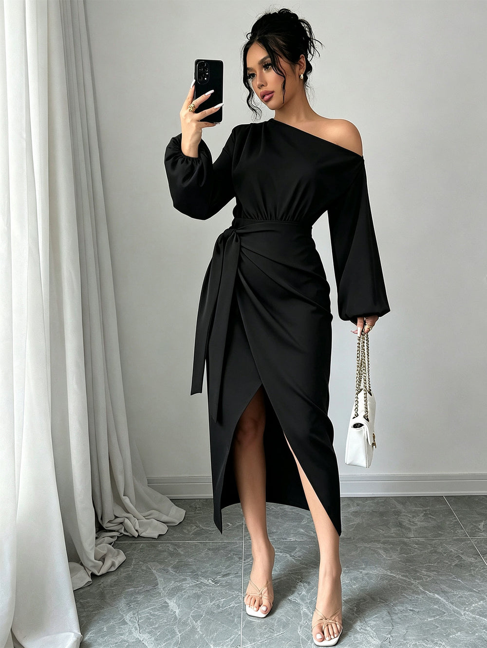 Fashionnew arrival oblique collar off-shoulder long sleevesdress waist pleated asymmetrical slit mid-length skirt elegant evening dress
