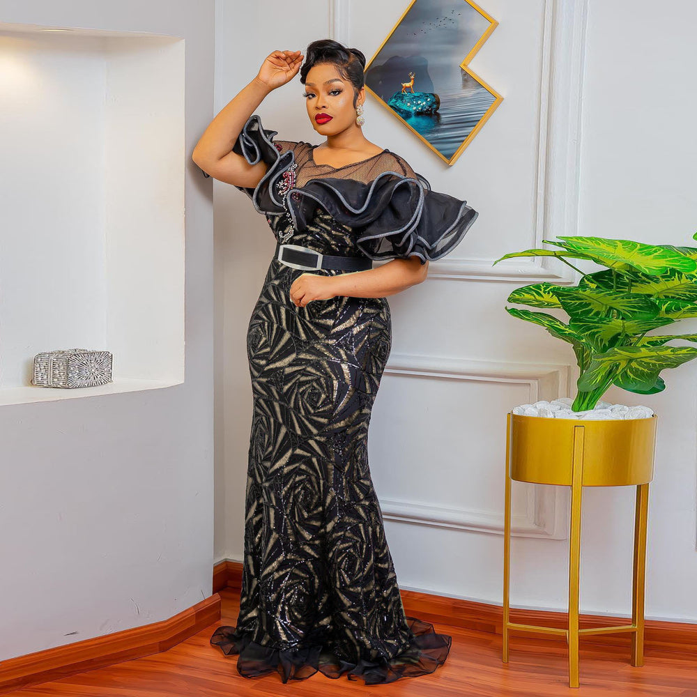 Rose sequin bodycon mermaid evening gown maxi dress off-the-shoulder ruffle luxury african european women's clothing