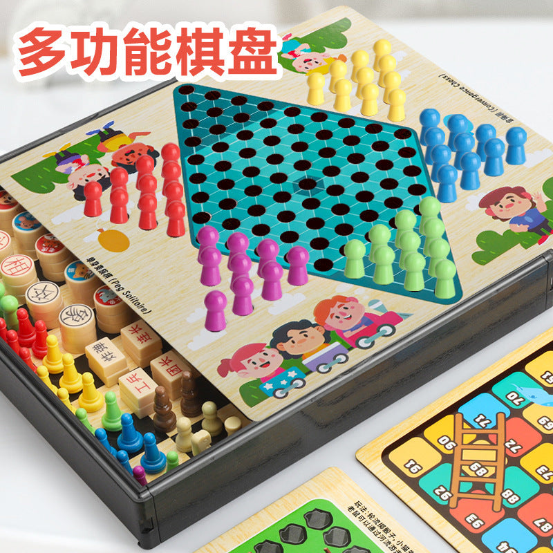 Children's tabletop game educational toy ten-in-one multi-function checkers flying chess chess storage double-sided chess board