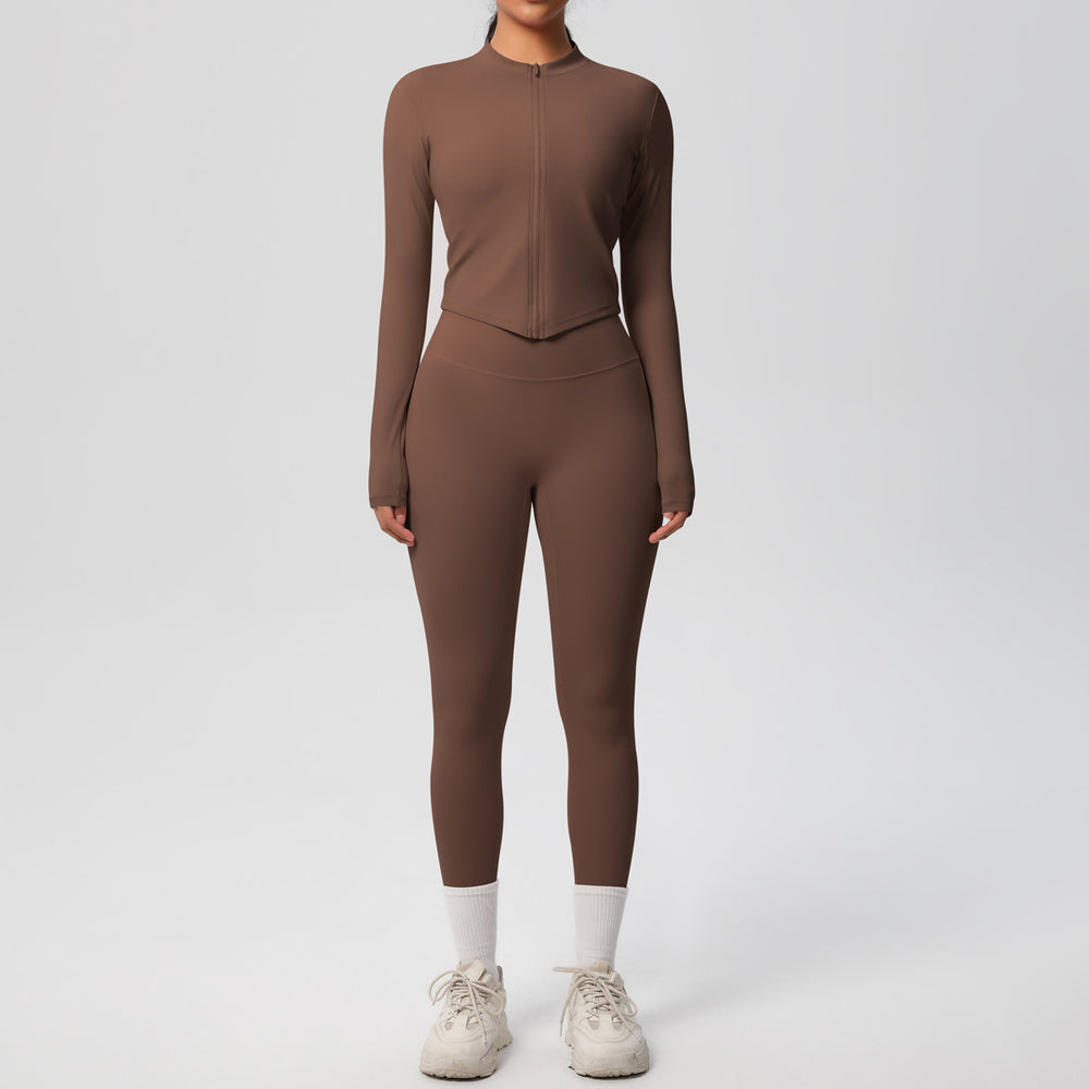 Ready-to-ship cross-border solid color double-sided brushed naked feel outerwear long sleeve set - compression running, fitness, and yoga two-piece outfit
