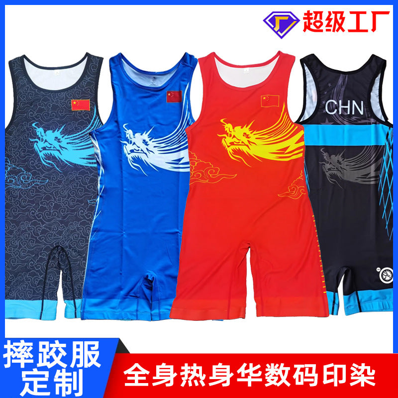 Sublimation full body print men's one-piece wrestling suit custom match weightlifting suit men's and women's free wrestling one-piece vest