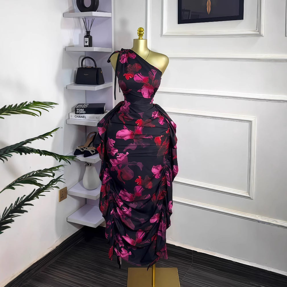 European and american cross-border women's fashion  summer new sleeveless one-shoulder asymmetrical neckline printed tie-up ruffle trim bodycon dress