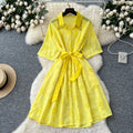 Frenchfashionable heavy industry diamond-encrusted polo collar short-sleeved dress women's summer strappy waist cut outembroider shirt skirt