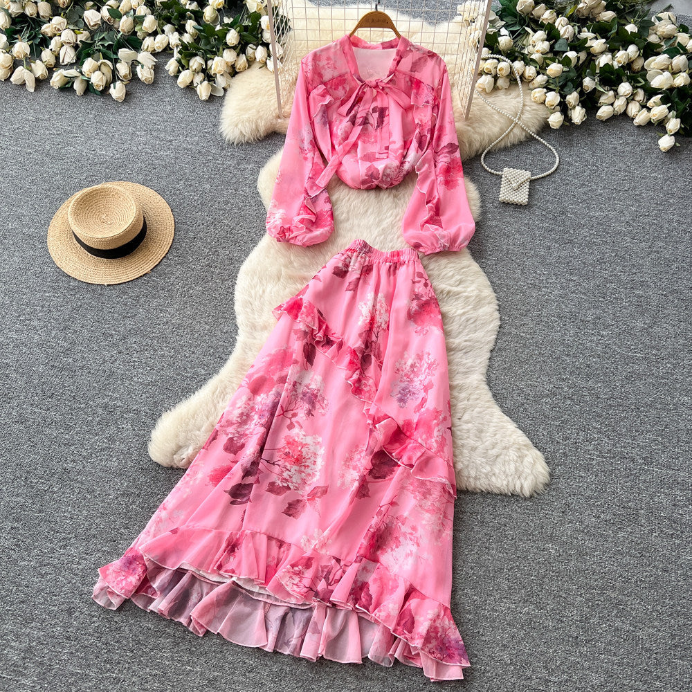 French print slim-fit two-piece set for women - autumn ruffle hem a-line skirt, commute-ready, elegant vacation style outfit