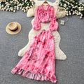 French print slim-fit two-piece set for women - autumn ruffle hem a-line skirt, commute-ready, elegant vacation style outfit