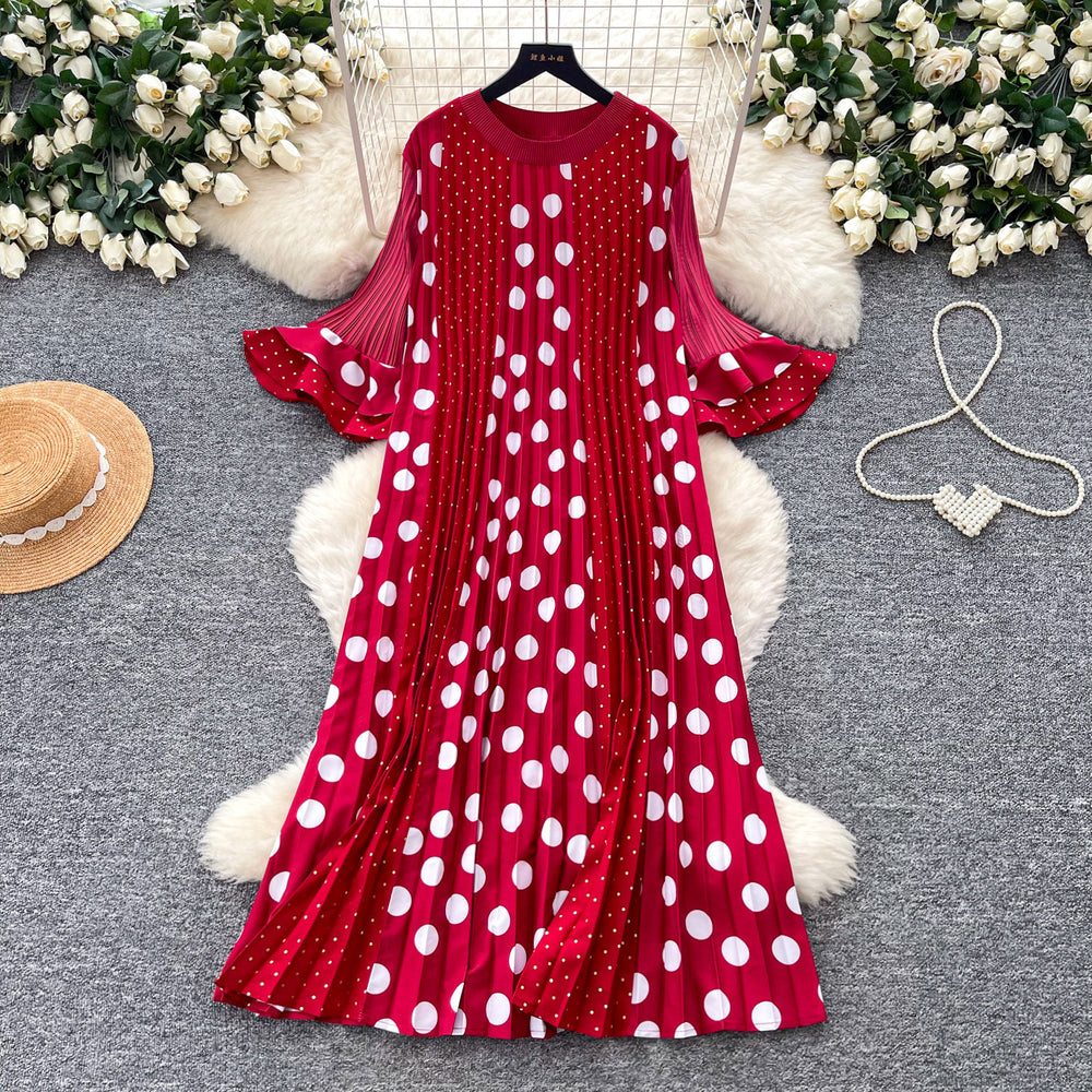 K-style polka dot pleated short-sleeved dress women's summerruffle sleeve round neck pleated skirtslimming lookelegantwork clothing skirt