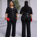 European and american cross-border african women's clothing  spring new fashion v-neck solid color long sleeve top and high-waisted pants set