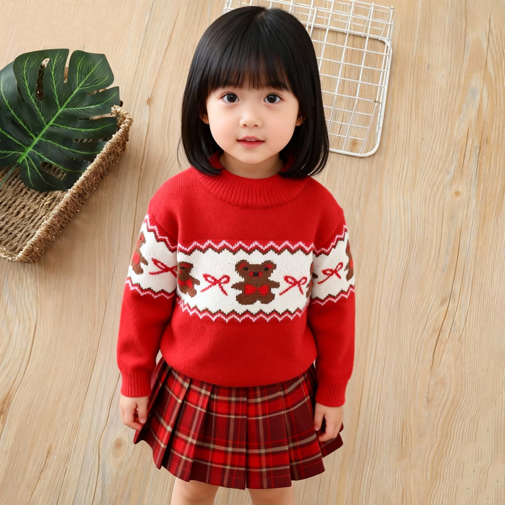 Girls' fall/winter sweater: thickened red base layer with bow and bear design - winter knitted wool sweater for big kids