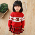 Girls' fall/winter sweater: thickened red base layer with bow and bear design - winter knitted wool sweater for big kids