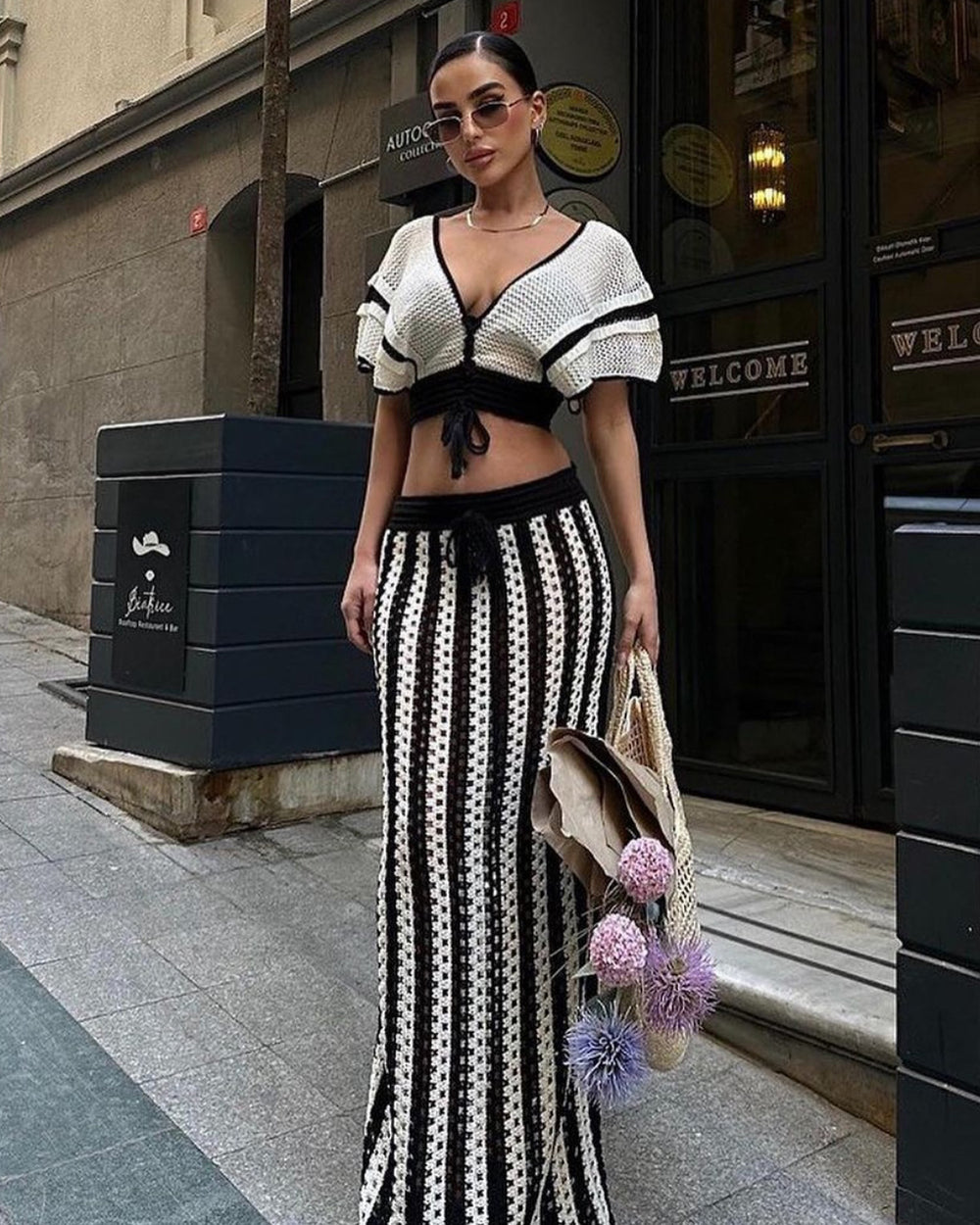 Amazon source goods: new summer european and american style women's sexy v-neck hollow-out striped knitted maxi dress set