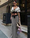 Amazon source goods: new summer european and american style women's sexy v-neck hollow-out striped knitted maxi dress set