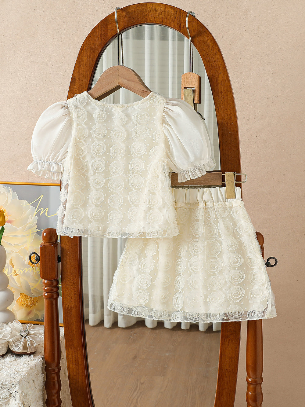 summer cross-border e-commerce 3d mesh flower appliqué top + skirt two-piece set for girls