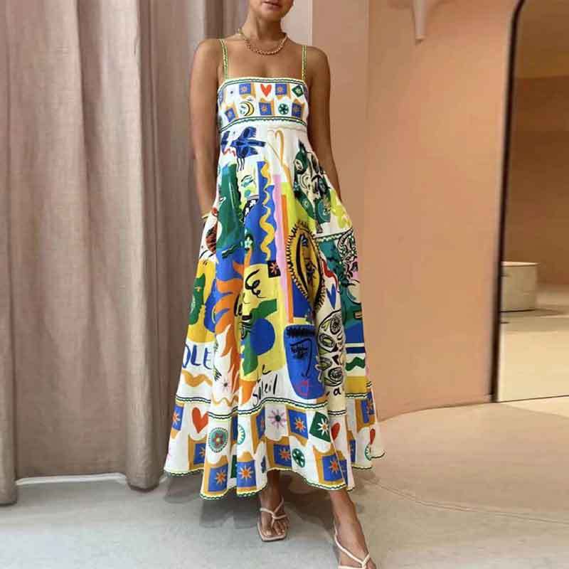 cross-border e-commerce european and american women's clothing: new summer collection - graffiti print, high-waisted cami dress with vacation vibes