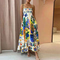 cross-border e-commerce european and american women's clothing: new summer collection - graffiti print, high-waisted cami dress with vacation vibes