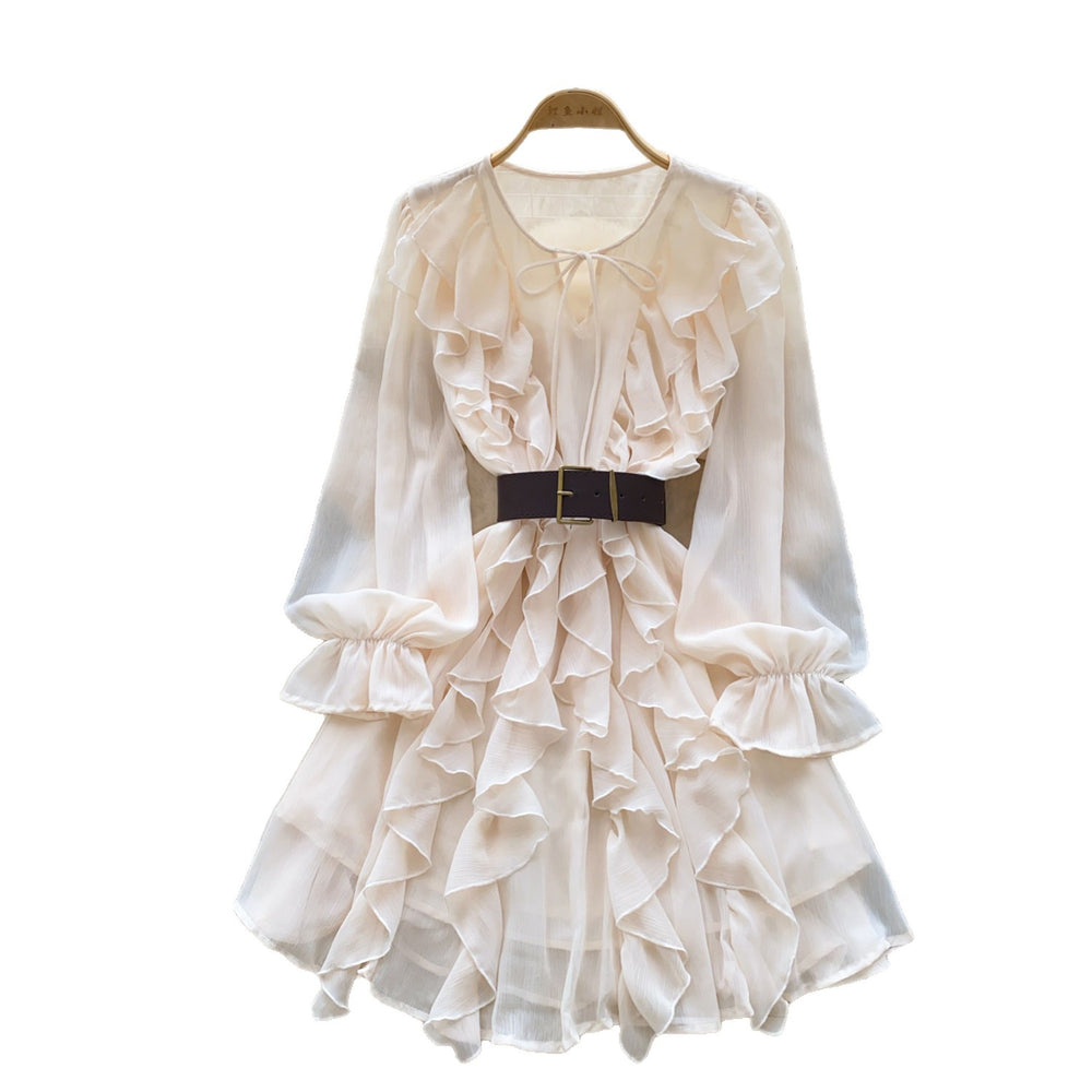 French chic ruffle chiffon dress - women's spring korean style long sleeve cinched waist belted versatile work dress