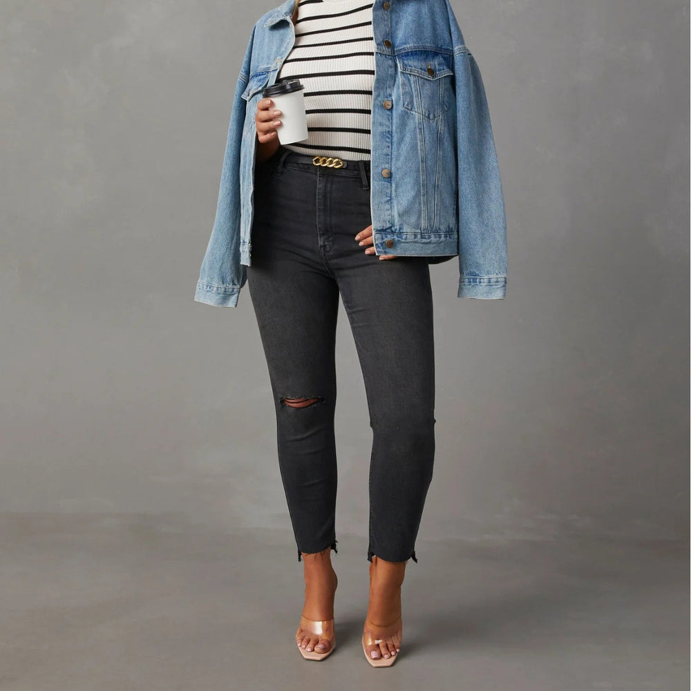 European and american stretch jeans for women,  new high-waisted, elegant, commuter-friendly skinny jeans, fashionable raw hem washed denim