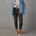European and american stretch jeans for women,  new high-waisted, elegant, commuter-friendly skinny jeans, fashionable raw hem washed denim