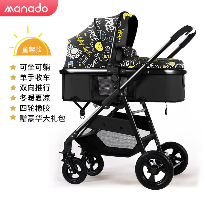 Baby stroller, lightweight, full-coverage, sit-down and lie-down mesh, breathable, one-click folding, high-view stroller with four wheels