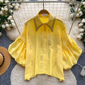 French-style heavy beaded lapel diamond-embellished shirt for women - summer lantern sleeve cardigan, loose fit, versatile, high-end top