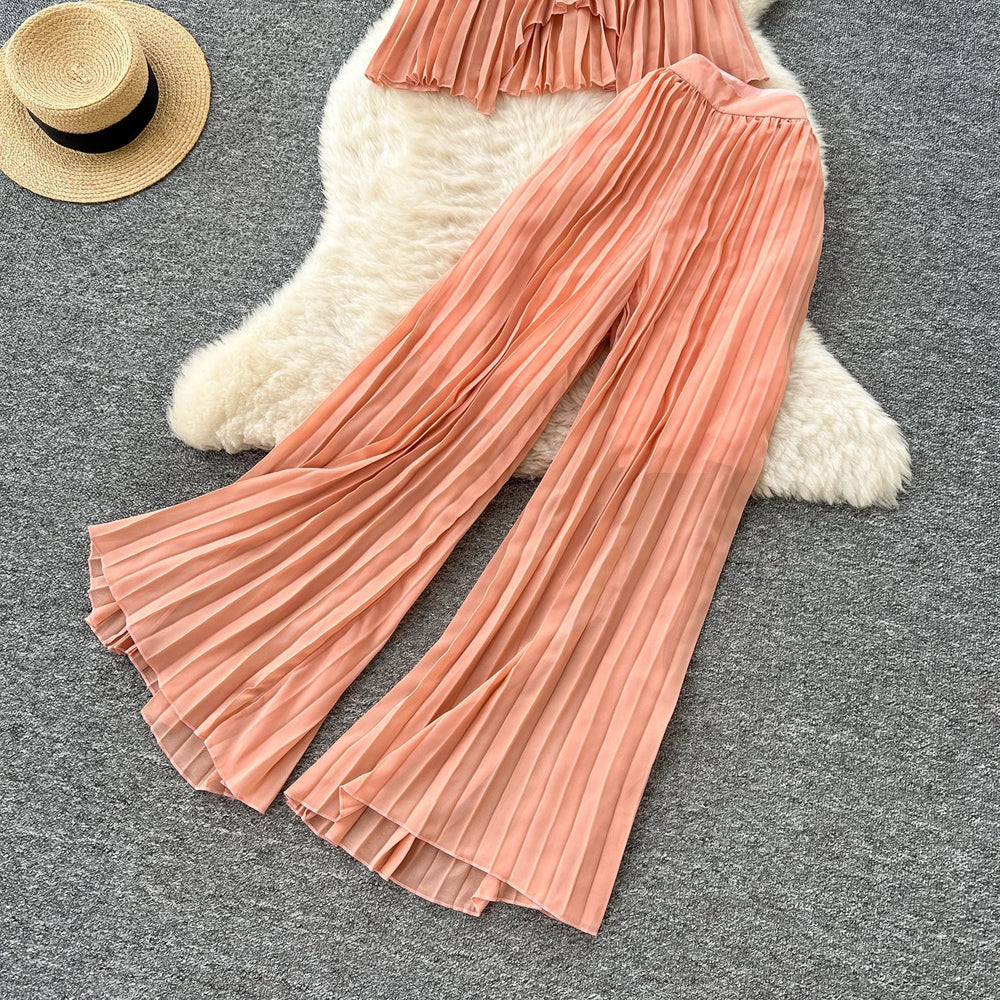 Pure desire vacation suit women's atmosphere halter strap asymmetrical pleated tops high waistloosecasual pants suit