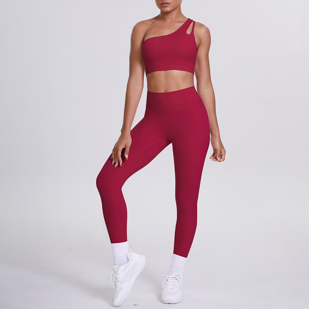 fashion double-sided nylon brushed single-shoulder yoga suit sports running fitness pants two-piece set for women