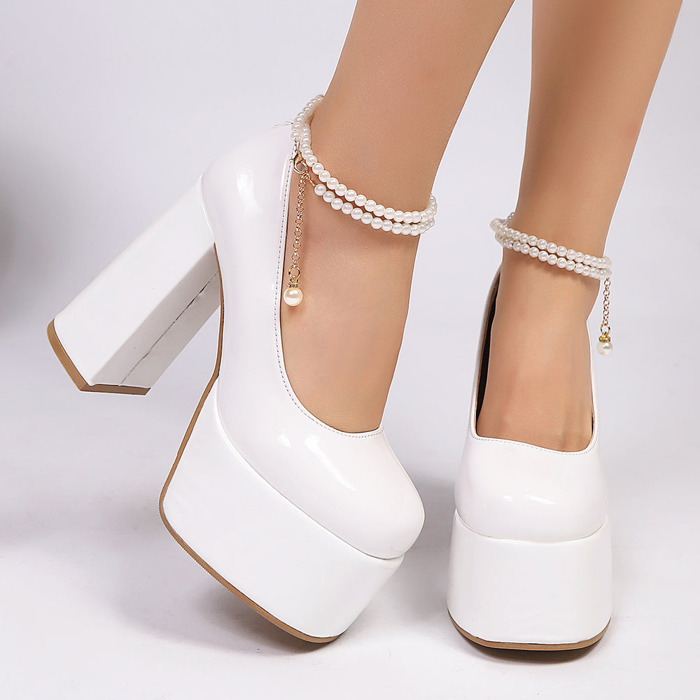 Export mary jane flats women's spring & fall waterproof thick heel super high heel beaded high heel plus sizefrenchretroflats