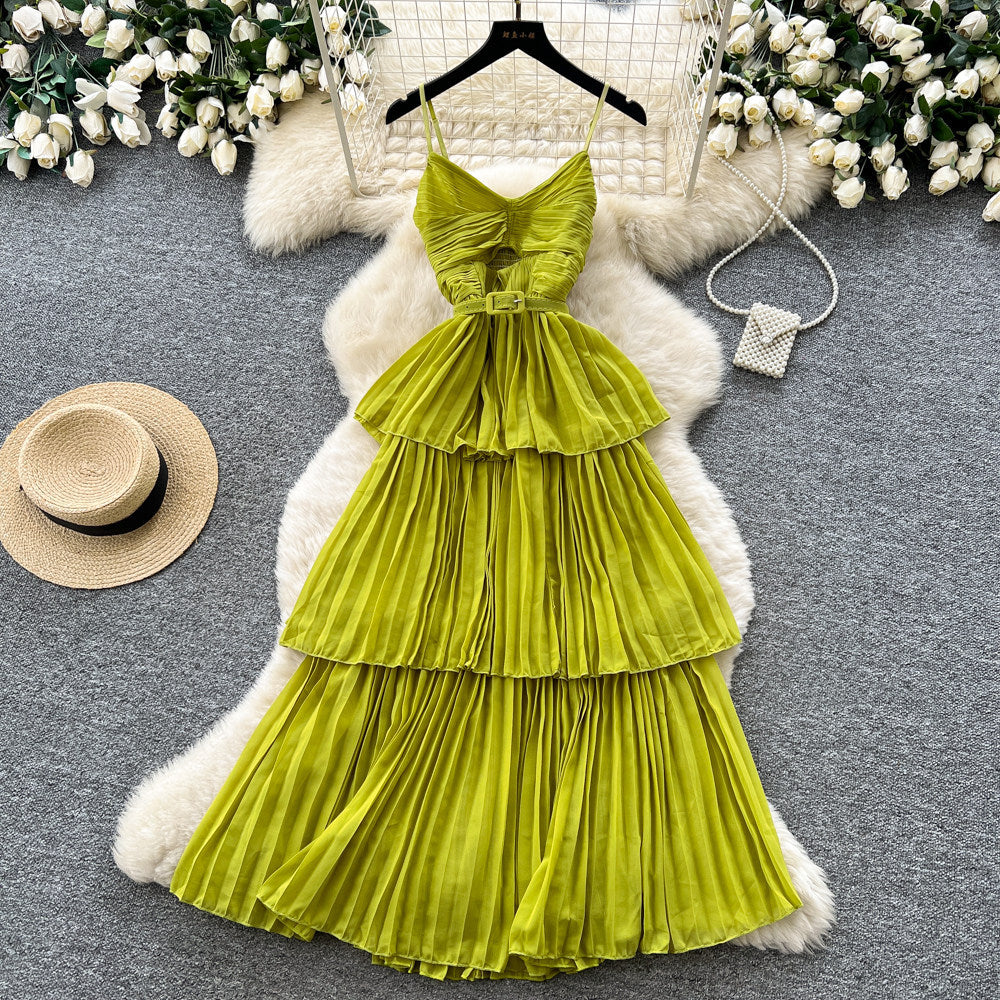 Red suspender layered pleated dress women's summer french holiday style waist ruffles cake skirt slimming look long skirt