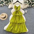 Red suspender layered pleated dress women's summer french holiday style waist ruffles cake skirt slimming look long skirt
