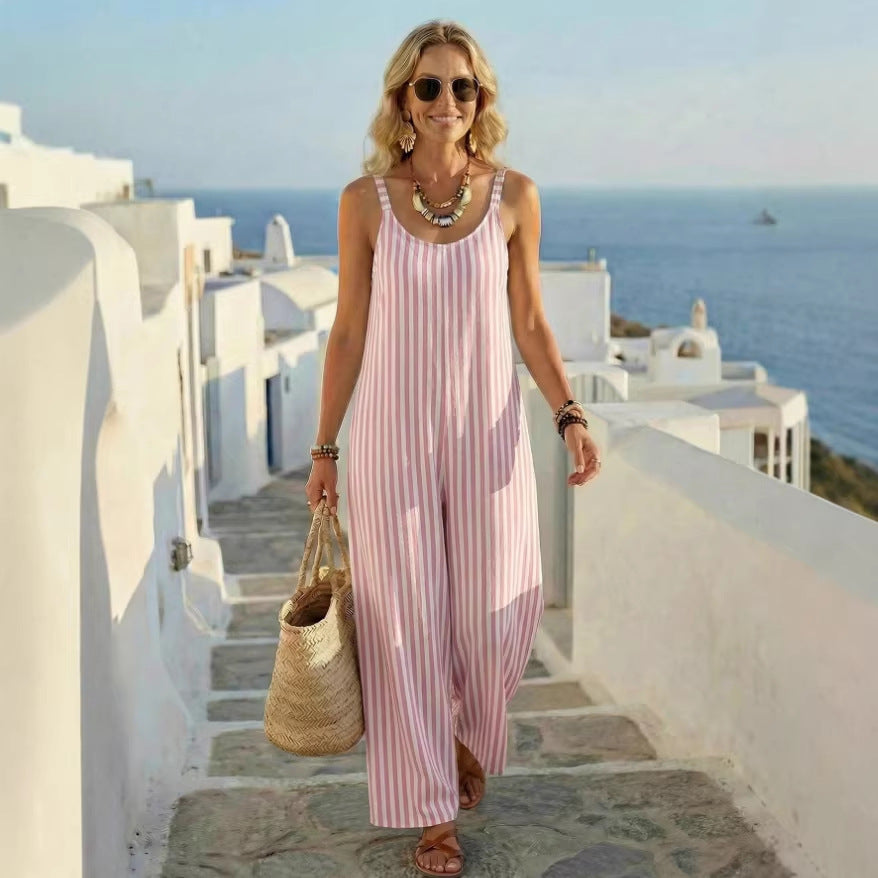 Amazon european new arrival  fashion striped casual vacation jumpsuit summer women's
