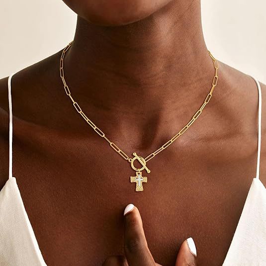 2026 amazon new arrival paperclip ot clasp cross necklace couple's style unique design vintage choker