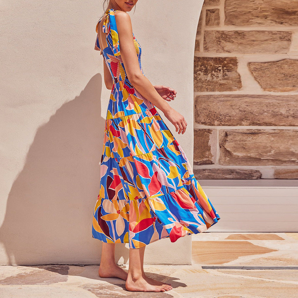 european and american cross-border bohemian style vacation backless printed women's summer french ruched slimming dress