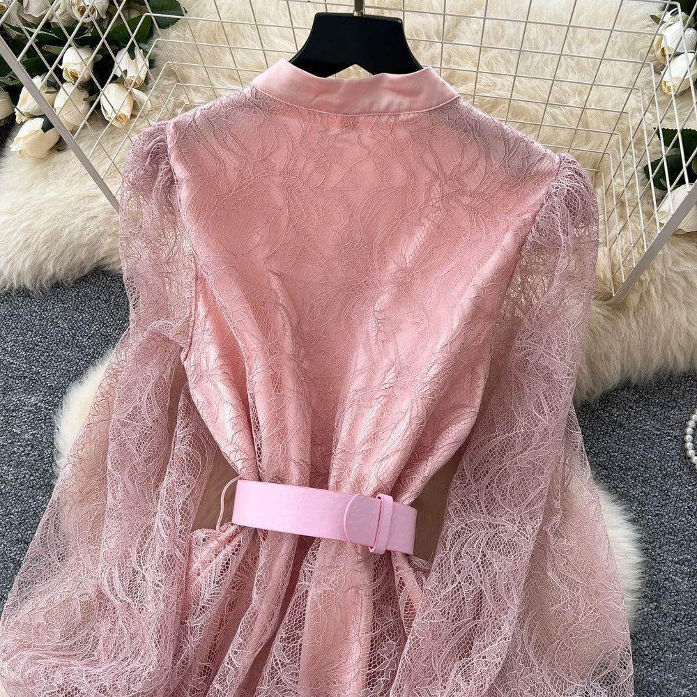 French chic luxury beaded floral tie-waist lantern sleeve single-breasted lace ruffle dress